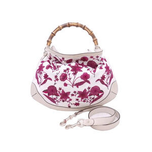 Gucci Bamboo Floral Flower Bag White Burgundy Red Leather Handbag